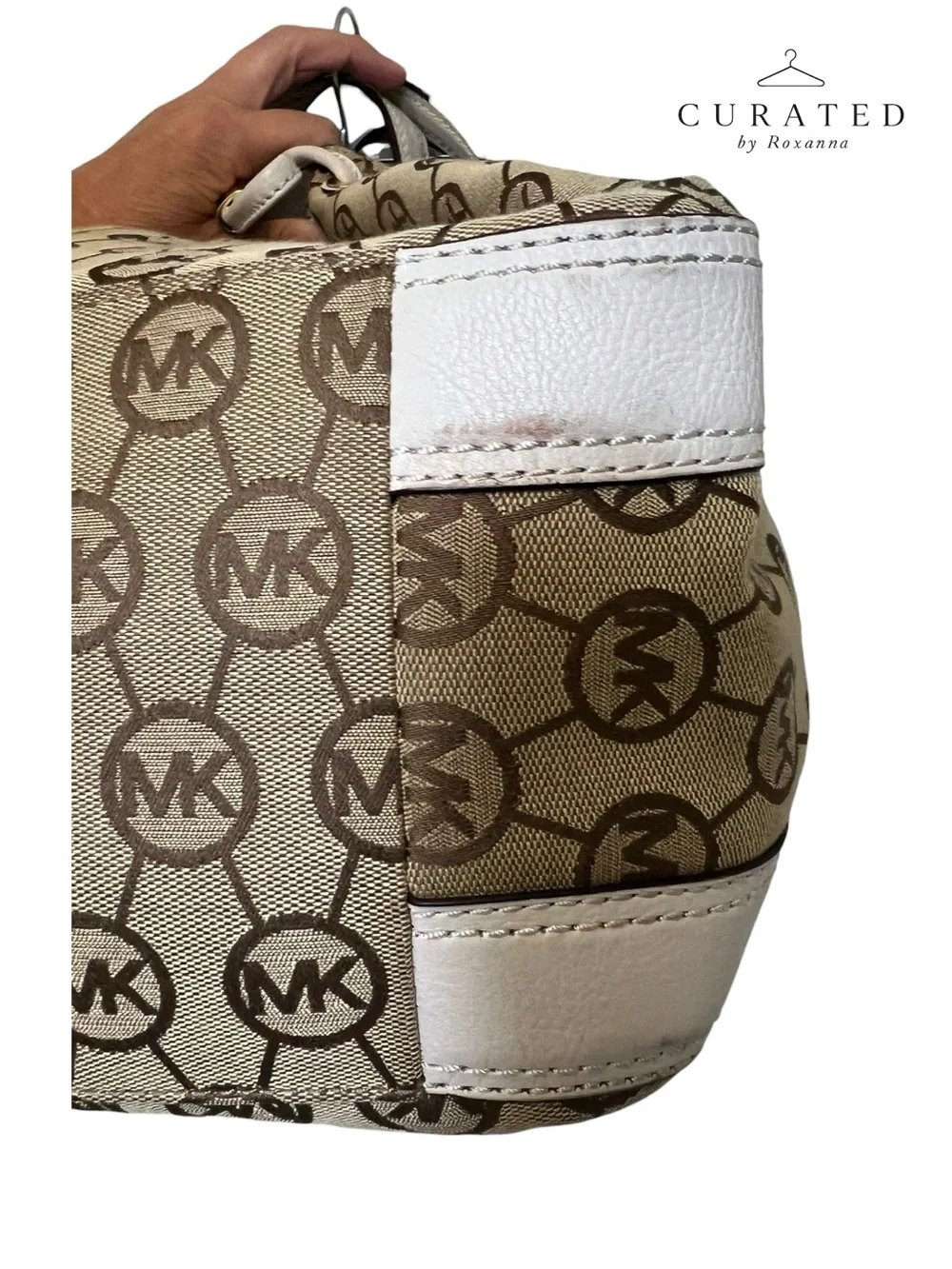 Michael Kors Signature MK Logo Drawstring Bucket Bag White Leather Trim/hardware